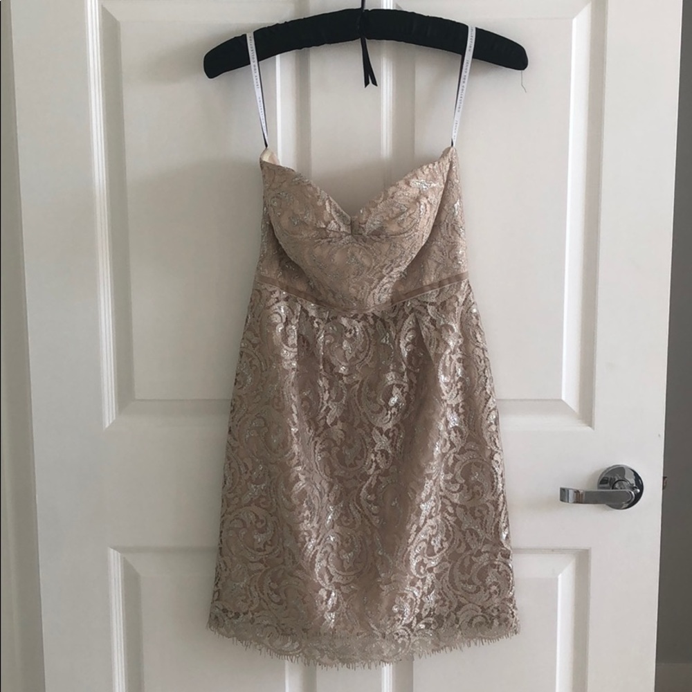 Jenny Yoo blush & silver strapless cocktail dress